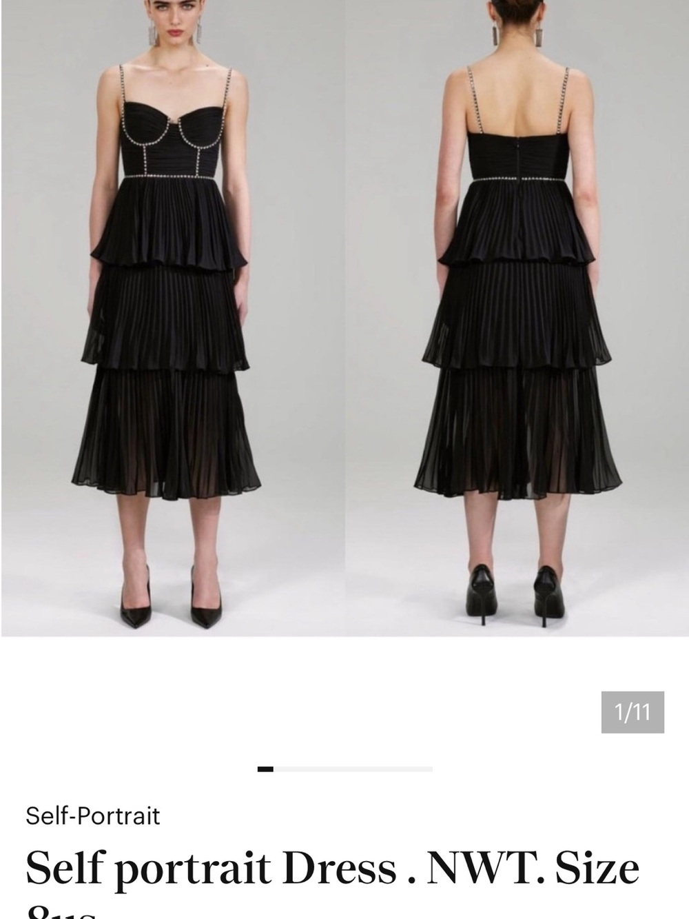 Self-Portrait Black Tiered Pleated Midi Dress with Chain Straps